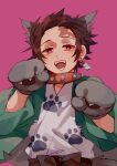  1boy absurdres animal_ears animal_hands brown_hair cat_ears chinese_commentary collar commentary_request earrings fangs gloves green_jacket hands_up highres jacket japanese_clothes jewelry kamado_tanjirou kimetsu_no_yaiba kimono looking_at_viewer male_focus mogutofuoes open_mouth paw_gloves paw_print pink_background pink_eyes short_hair simple_background solo teeth upper_body white_kimono 
