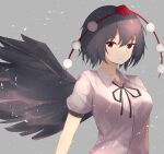  1girl absurdres arms_at_sides black_hair black_ribbon black_wings breasts closed_mouth collared_shirt commentary_request eyebrows_visible_through_hair feathered_wings grey_background hair_between_eyes hat highres kogane_ringo looking_at_viewer medium_breasts pom_pom_(clothes) red_eyes red_headwear ribbon shameimaru_aya shirt short_hair simple_background smile solo tokin_hat touhou upper_body white_shirt wings 