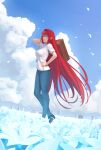  1girl absurdres aozaki_aoko blue_eyes breasts cloud cloudy_sky denim floating_hair flower full_body hair_intakes highres jeans large_breasts long_hair melty_blood melty_blood:_type_lumina pants quatthro red_hair shirt short_hair sky suitcase t-shirt tsukihime 
