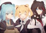  3girls :d ^_^ animal_ears arknights bear_ears black_choker black_dress black_jacket black_shirt blue_eyes blue_hair blue_necktie blush book brown_hair brown_headwear brown_sweater candy_hair_ornament choker closed_eyes dress food-themed_hair_ornament fur-trimmed_jacket fur_trim grey_background grey_sailor_collar gummy_(arknights) hair_ornament hat istina_(arknights) jacket long_hair long_sleeves monocle multicolored_hair multiple_girls neckerchief necktie object_hug open_clothes open_jacket puffy_long_sleeves puffy_sleeves red_hair red_necktie sailor_collar sailor_dress shirt sleeves_past_wrists smile star_(symbol) star_hair_ornament streaked_hair sweater toufu_mentaru_zabuton white_jacket white_neckerchief zima_(arknights) 