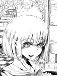  1girl absurdres at2. blush close-up eyebrows_visible_through_hair greyscale highres looking_at_viewer monochrome open_mouth original short_hair sketch smile solo teeth upper_body upper_teeth 