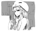 1girl at2. bangs blunt_bangs breasts dress eyebrows_visible_through_hair ghast gloves greyscale highres large_breasts long_hair looking_at_viewer minecraft mole mole_under_eye monochrome personification sketch upper_body 