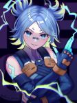  1girl animification bandaid bandaid_on_nose blue_eyes blue_gloves blue_hair blue_jacket chromatic_aberration ebi_purin elbow_gloves electricity finger_gun fingerless_gloves gloves jacket looking_at_viewer neon_(valorant) sleeveless sleeveless_jacket smile solo two_side_up valorant 