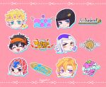  6+boys aerosmith_(stand) aircraft airplane argyle belt black_hair blonde_hair blue_eyes bruno_buccellati bug bullet catchphrase chibi food fruit giorno_giovanna green_eyes guido_mista hat highres jojo_no_kimyou_na_bouken kogatarou ladybug leone_abbacchio logo long_hair moody_blues_(stand) multiple_boys narancia_ghirga pannacotta_fugo purple_haze_(stand) sex_pistols_(stand) smoke stand_(jojo) strawberry vento_aureo zipper 