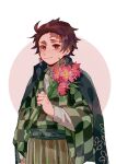  1boy black_cape brown_hair cape checkered_clothes checkered_kimono chinese_commentary circle closed_mouth commentary_request flower hakama hakama_pants holding holding_flower japanese_clothes kamado_tanjirou kimetsu_no_yaiba kimono light_smile long_sleeves looking_at_viewer male_focus mogutofuoes pants pink_background pink_flower red_eyes scar scar_on_face scar_on_forehead shirt short_hair solo white_background white_shirt 
