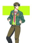  1boy arrow_(jojo) arrow_(projectile) battle_tendency green_jacket hands hands_in_pockets highres jacket jojo_no_kimyou_na_bouken kogatarou logo necktie road_sign sign solo stop_sign sweater 