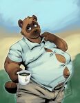  2022 absurd_res animal_crossing anthro belly beverage big_belly blue_eyes bottomwear brown_body brown_fur bulge canid canine clothing container cup dress_shirt fur hi_res holding_cup holding_object male mammal markings navel nintendo nipple_outline outie_navel pants pregnant pregnant_male raccoon_dog randomgirl1265 ring_(marking) ringtail shirt solo straining_buttons tail_markings tanuki tea tea_bag tight_clothing tom_nook_(animal_crossing) topwear unborn_kicking video_games 