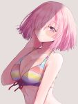  1girl bikini blush breasts cleavage closed_mouth collarbone fate/grand_order fate_(series) grey_background hair_over_one_eye half-closed_eyes harukappa highres looking_at_viewer mash_kyrielight medium_breasts medium_hair pink_hair purple_eyes red_ribbon ribbon smile solo straight_hair striped striped_bikini swimsuit upper_body 