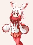  1girl aticotta bangs black_eyes blunt_bangs eyebrows_visible_through_hair head_wings japanese_crested_ibis_(kemono_friends) kemono_friends long_sleeves looking_at_viewer medium_hair pantyhose pleated_skirt red_hair red_legwear red_skirt sidelocks skirt solo white_hair 