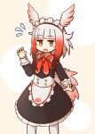  1girl alternate_costume aticotta bangs blunt_bangs blush enmaided eyebrows_visible_through_hair flying_sweatdrops gradient_hair japanese_crested_ibis_(kemono_friends) japari_symbol kemono_friends long_sleeves looking_at_viewer maid maid_headdress medium_hair multicolored_hair open_mouth pantyhose red_hair sidelocks solo white_hair white_legwear 