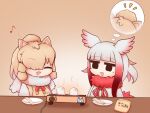  2girls alpaca_ears alpaca_girl alpaca_suri_(kemono_friends) animal_ears aticotta black_eyes blonde_hair blush chopsticks facing_another gradient_hair hair_over_one_eye head_wings highres japanese_crested_ibis_(kemono_friends) kemono_friends looking_at_another lucky_beast_(kemono_friends) medium_hair multicolored_hair multiple_girls open_mouth plate red_hair sidelocks smile thought_bubble white_hair 