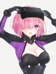  1girl :d black_gloves blush breasts cleavage eyebrows_visible_through_hair fate/grand_order fate_(series) gloves grey_background hair_over_one_eye harukappa highres large_breasts looking_at_viewer mash_kyrielight ortenaus pink_hair purple_eyes short_hair shrug_(clothing) smile solo upper_body 