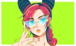  1girl adjusting_eyewear black_hair blue_eyes braid braided_bun double_bun jojo_no_kimyou_na_bouken kogatarou kujo_jolyne multicolored_hair orange_lips orange_nails red_hair solo stone_ocean sunglasses two-tone_hair 