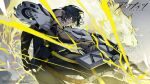  1boy animal_ears arknights black_hair broca_(arknights) cat_boy cat_ears cat_tail closed_mouth copyright_name gin_(oyoyo) gloves gun lightning looking_at_viewer male_focus official_art perspective short_hair sleeveless solo tail tattoo weapon yellow_eyes 