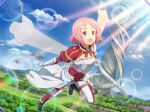  1girl :d armor bangs black_footwear blue_sky breastplate cloud day floating_hair flying freckles full_body game_cg gloves grey_wings hair_ornament hairclip lens_flare lisbeth_(sao-alo) neck_ribbon outdoors pants parted_bangs pink_hair red_eyes red_ribbon ribbon short_hair shoulder_armor shrug_(clothing) sky smile solo striped striped_ribbon sunlight sword_art_online sword_art_online:_alicization_rising_steel waist_cape white_gloves white_pants wings 