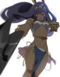  1girl bangs breasts cleavage dark-skinned_female dark_skin fate/grand_order fate_(series) hairband holding holding_staff holding_weapon incoming_attack long_hair looking_at_viewer lunapont nitocris_(fate) open_mouth pointing pointy_ears purple_eyes purple_hair solo staff stomach weapon 