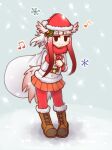  1girl alternate_costume aticotta bangs black_eyes blunt_bangs blush boots brown_footwear christmas closed_mouth cross-laced_footwear eyebrows_visible_through_hair full_body hat head_wings japanese_crested_ibis_(kemono_friends) kemono_friends knee_boots lace-up_boots looking_at_viewer medium_hair musical_note no_gloves orange_skirt pantyhose pleated_skirt red_hair red_headwear red_legwear santa_costume santa_hat sidelocks skirt smile snowflakes solo white_hair 