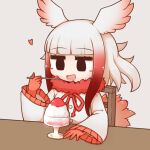  1girl aticotta bangs black_eyes blunt_bangs blush chair eyebrows_visible_through_hair gloves gradient_hair head_wings heart holding holding_spoon japanese_crested_ibis_(kemono_friends) kemono_friends long_sleeves looking_away medium_hair multicolored_hair open_mouth red_gloves red_hair shaved_ice sidelocks smile solo spoon table white_hair 
