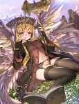  1girl angel_wings bangs black_gloves black_legwear black_robe blonde_hair blue_eyes blunt_bangs blush book breasts character_request copyright_request dutch_angle eyebrows_visible_through_hair feathered_wings feathers finger_to_mouth fingerless_gloves flower garter_straps gloves hair_ornament half-closed_eyes hammer holding holding_hammer lace_trim long_hair long_sleeves looking_at_viewer midriff navel no_bra no_panties original puffy_sleeves repi see-through sidelocks sitting skindentation small_breasts solo star_(symbol) star_hair_ornament thighhighs wings 