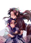  2girls absurdres black_jacket brown_hair butterfly_hair_ornament chinese_commentary closed_eyes closed_mouth commentary_request gakuran hair_ornament hand_on_another&#039;s_arm haori highres hug jacket japanese_clothes kimetsu_no_yaiba kochou_kanae kochou_shinobu long_hair long_sleeves mogutofuoes multiple_girls one_eye_covered open_mouth profile purple_eyes purple_hair school_uniform simple_background white_background 