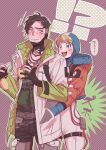  !? 1boy 1girl apex_legends black_gloves black_hair black_pants blonde_hair blue_headwear blush bodysuit cable collarbone crypto_(apex_legends) gloves hand_in_another&#039;s_pocket highres holding hood hooded_jacket jacket jewelry m_(mrtarou) necklace orange_jacket pants partially_fingerless_gloves smile speech_bubble surprised translation_request wattson_(apex_legends) white_bodysuit white_jacket 