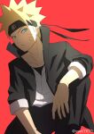  1boy bandana black_suit blonde_hair blue_eyes closed_mouth commentary facial_mark highres looking_at_viewer male_focus naruto naruto_(series) red_background short_sleeves simple_background spiked_hair sssiii7610 uzumaki_naruto 