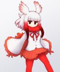  1girl aticotta bangs black_eyes blunt_bangs eyebrows_visible_through_hair gloves highres japanese_crested_ibis_(kemono_friends) kemono_friends long_sleeves looking_at_viewer medium_hair pantyhose pleated_skirt red_gloves red_hair red_legwear red_skirt skirt solo white_hair 