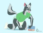  2020 absurd_res ageplay anthro black_nose blue_background blue_eyes blush clothing diaper footwear grey_hair hair hi_res kneeling male mammal mephitid open_mouth ozzybear playing shirt simple_background skunk socks solo teeth_showing topwear toy_train watermark 