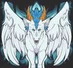  blue_hair dragon feathered_wings feathers fire fluffy green_sclera hair hi_res horn looking_at_viewer symmetry symrea white_body winged_dragon wings 