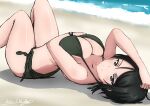  absurdres arched_back beach bikini black_eyes black_hair breasts bukkuri chouno_ami cleavage dated dutch_angle girls_und_panzer green_bikini hand_on_own_head highres large_breasts looking_at_viewer lying ocean on_back sand sarong short_hair smile swimsuit thighs watch wristwatch 