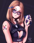  1girl artist_logo bare_shoulders blue_eyes breasts brown_hair center_opening cleavage ear_piercing english_commentary english_text eyebrows forehead hand_up highres holding holding_phone jewelry korea large_breasts lips logo looking_at_viewer mole mole_under_eye navel necklace pen phone piercing samsung samsung_sam simple_background smile solo spiritdraws_x tattoo upper_body visor 