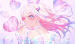  1girl achiki blue_eyes bubble bubble_blowing choker demon_girl demon_horns heart heart-shaped_pupils horns long_hair looking_at_viewer multicolored_eyes original pale_skin pink_eyes pink_hair symbol-shaped_pupils 