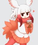  1girl aticotta bangs black_eyes blunt_bangs blush cup drinking_straw eyebrows_visible_through_hair gloves gradient_hair head_wings heart highres holding holding_cup japanese_crested_ibis_(kemono_friends) kemono_friends long_sleeves looking_at_viewer medium_hair multicolored_hair open_mouth pantyhose pleated_skirt red_gloves red_hair red_legwear red_skirt skirt smile solo white_hair 