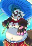  2022 anthro belly bottomwear brown_body brown_fur bulge canid canine clothing eyes_closed fur goemon_(tas) hi_res humanoid_hands kemono kusarikakemono lifewonders male mammal moobs navel nipples overweight overweight_male parasol raccoon_dog shorts solo tanuki tokyo_afterschool_summoners video_games 