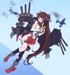  1girl absurdly_long_hair black_legwear blush breasts brown_hair damaged eyebrows_visible_through_hair flower hair_flower hair_ornament jagd kantai_collection large_breasts long_hair looking_at_viewer open_mouth pleated_skirt red_eyes red_skirt sideboob skirt solo thighhighs torn_clothes torn_legwear torn_skirt very_long_hair yamato_(kancolle) 