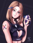  1girl artist_logo bare_shoulders blue_eyes breasts brown_hair center_opening cleavage ear_piercing english_commentary english_text eyebrows forehead hand_up highres holding holding_phone jewelry korea large_breasts lips logo looking_at_viewer mole mole_under_eye navel necklace pen phone piercing samsung samsung_sam simple_background smile solo spiritdraws_x tattoo upper_body 