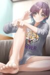  1girl absurdres ahoge animal_print aqua_eyes asakura_tooru bare_legs barefoot blue_hair brown_hair chinese_zodiac claw_pose commentary_request feet foreshortening gradient_hair hands highres hood hoodie idolmaster idolmaster_shiny_colors looking_at_viewer loungewear multicolored_hair oka_yuto short_hair short_shorts shorts sitting soles solo tiger_print year_of_the_tiger 