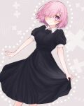  1girl black_dress blush closed_mouth dress fate/grand_order fate_(series) grey_background hair_over_one_eye harukappa highres looking_at_viewer mash_kyrielight medium_hair pink_hair purple_eyes shiny shiny_hair short_dress short_sleeves skirt_hold smile solo standing straight_hair wing_collar 