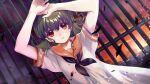  1girl arms_up bangs blood collarbone doughnut_hair_bun green_hair highres higurashi_no_naku_koro_ni higurashi_no_naku_koro_ni_mei kimiyoshi_natsumi kitou_en leaf looking_at_viewer official_art parted_lips raised_eyebrows red_eyes sailor_collar school_uniform serafuku short_sleeves solo sunset 