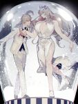  1boy 1girl bead_bracelet beads blonde_hair bracelet breasts cocktail_dress dress fairy_knight_gawain_(fate) fate/grand_order fate_(series) formal gawain_(fate) high_heels highres jewelry large_breasts long_hair necktie semi_finalfight snow snow_globe suit twitter_username white_suit 