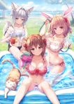  3girls animal_ear_fluff animal_ears ass bangs banned_artist bare_shoulders bikini black_swimsuit blue_eyes blush bow bow_bra bow_panties bra breast_envy breasts brown_eyes brown_hair cat cat_ears cat_girl cat_tail cleavage cloud cloudy_sky collarbone foot_out_of_frame fox_ears fox_girl fox_tail frilled_bikini frilled_swimsuit frills grass grin hair_intakes hair_ornament hair_scrunchie holding holding_kettle holding_pipe holding_water_gun jewelry kettle konomi_(kino_konomi) large_breasts looking_at_viewer medium_hair multiple_girls navel necklace original outdoors panties partially_submerged pipe plaid plaid_bra pool rabbit_ears rabbit_girl rabbit_tail red_bow red_bra red_eyes scrunchie see-through short_hair side-tie_panties silver_hair sitting sky smile soles stomach swimsuit tail toes tree twintails underwear wariza water_gun white_bikini 