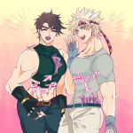  2boys ^_^ abs battle_tendency between_pectorals blonde_hair blue_eyes brown_hair caesar_anthonio_zeppeli closed_eyes clothes_pull crop_top denim facial_mark fang fingerless_gloves gloves headband highres jeans jojo_no_kimyou_na_bouken joseph_joestar joseph_joestar_(young) kogatarou large_pectorals male_focus midriff money money_tuck multiple_boys pants pants_pull pectorals skin_fang triangle_print waving 