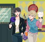  2boys baseball_cap battle_tendency black_hair blonde_hair bola_(weapon) caesar_anthonio_zeppeli cup facial_mark fingerless_gloves gloves green_eyes hat headband highres holding holding_clothes holding_hat jacket jojo_no_kimyou_na_bouken kogatarou leather leather_jacket male_focus movie_theater multiple_boys shirt t-shirt triangle_print 