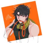  1boy animal_ears black_hair dog_ears fingerless_gloves gloves green_eyes green_scaf hand_on_own_cheek hand_on_own_face highres holding holding_leash jojo_no_kimyou_na_bouken joseph_joestar joseph_joestar_(young) kogatarou leash mouth_hold partially_colored scarf solo striped striped_scarf transparent 