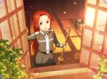  1girl :d broom collared_shirt day from_outside game_cg grey_shirt grey_skirt hair_intakes holding holding_broom lens_flare long_hair long_sleeves red_eyes red_hair shiny shiny_hair shirt skirt smile solo standing straight_hair sword_art_online sword_art_online:_alicization_rising_steel tiese_schtrinen very_long_hair wing_collar 