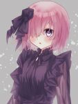  1girl black_flower black_rose blush eyebrows_visible_through_hair fate/grand_order fate_(series) flower grey_background hair_flower hair_ornament hair_over_one_eye harukappa highres mash_kyrielight neck_ribbon open_mouth pink_hair purple_eyes purple_ribbon purple_shirt ribbon rose see-through_sleeves shiny shiny_hair shirt short_hair sketch solo upper_body 