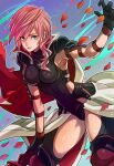  1girl armor blue_eyes breasts cape final_fantasy final_fantasy_xiii gloves highres leotard lightning_farron lightning_returns:_final_fantasy_xiii long_hair looking_at_viewer payu_(pyms11) pink_hair smile solo sword weapon 