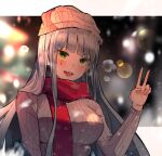  1girl alternate_costume arm_up bangs blue_hair blush breasts christmas cizzi eyebrows_visible_through_hair girls&#039;_frontline green_eyes highres hk416_(girls&#039;_frontline) long_hair looking_at_viewer medium_breasts merry_christmas open_mouth red_scarf scarf simple_background smile solo sweater teardrop_facial_mark teardrop_tattoo teeth upper_body upper_teeth v white_headwear white_sweater 