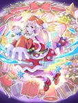 1girl bangs bell boots candy candy_cane christmas_present christmas_tree christmas_wreath closed_mouth fire_emblem fire_emblem_heroes food full_body gift hat hekichino_toaru highres looking_at_viewer mirabilis_(fire_emblem) official_alternate_costume pink_hair red_eyes santa_costume santa_hat very_long_sleeves 