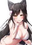  1girl absurdres animal_ear_fluff animal_ears atago_(azur_lane) atago_(summer_march)_(azur_lane) azur_lane bangs bare_shoulders bikini blush breasts choker cleavage comiket_99 commentary dog_girl extra_ears eyebrows flower forehead hair_between_eyes hair_flower hair_ornament hand_on_own_face highres large_breasts lifted_by_self long_hair looking_at_viewer mole mole_under_eye nagura_shiro navel open_mouth parted_bangs parted_lips simple_background solo swimsuit upper_body v white_background white_bikini white_choker wristband yellow_eyes 